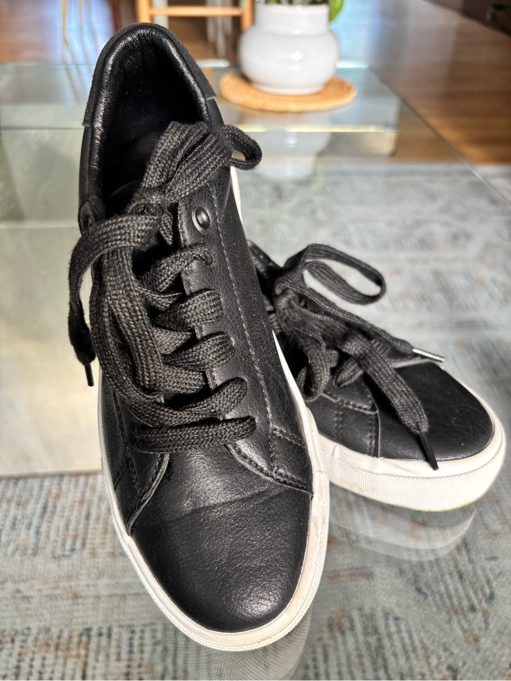 Black vegan Leather Lace-Up Sneakers with White Sole